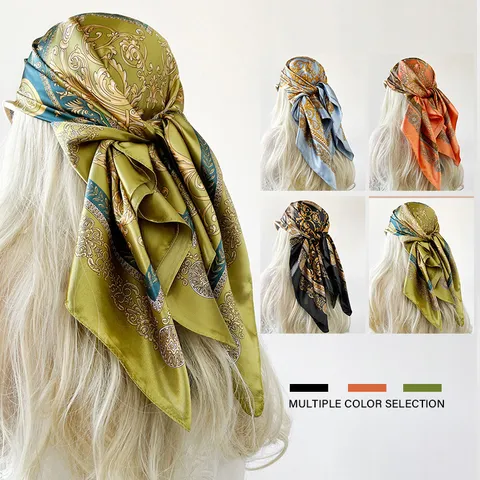 Vrouwen Retro Barok Print Satijn Vierkante Sjaal Mode Luxe Zijde Gevoel Haar Sjaal Chique Hoofddoek Voor Dames