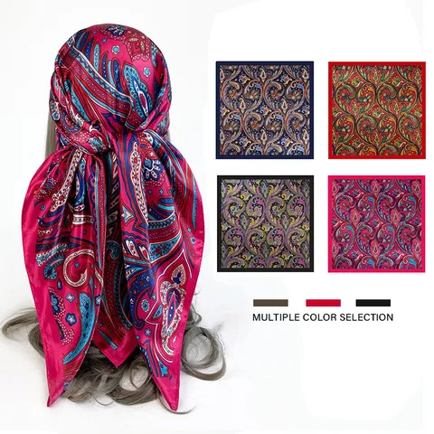 Classic Paisley Satin Square Scarf For Women Vintage Printed Silk Feel Turban Head Scarf Fashion Neck Scarf Wrap