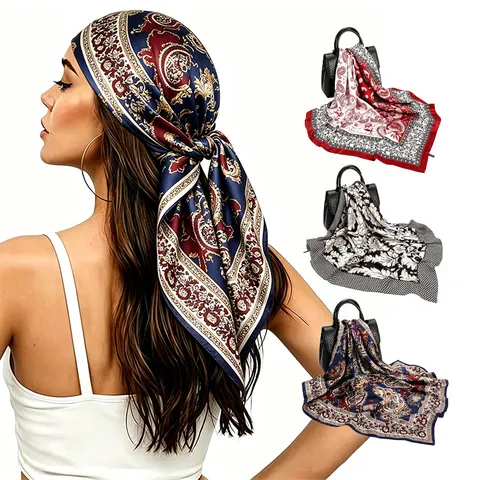 Women's Fashion Paisley Floral Print Satin Square Scarf Vintage Silk Feel Head Neck Wrap For Daily Wear