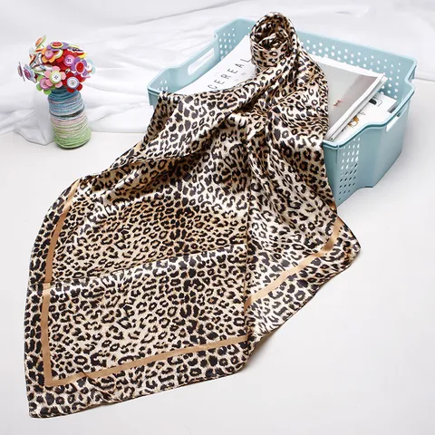 Women Leopard Print Satin Square Scarf Vintage Silk Feel Head Scarf Neck Kerchief Hair Wrap Shawl For Ladies