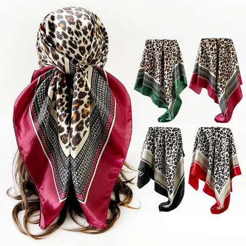 Leopard Print Satin Square Scarf For Women Fashion Silk Feel Head Scarf Chic Neck Scarf Hair Cover Shawl Wrap