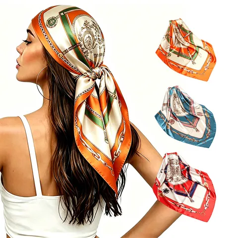 Women Satin Square Scarf Vintage Chain Floral Print Head Scarf Fashion Silk Feel Neckerchief Shawl For Daily Wear