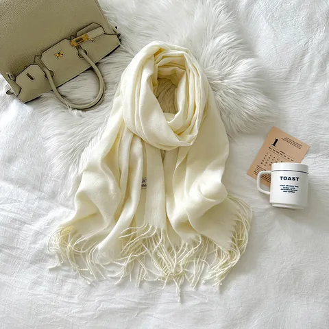 Women's Winter Warm Faux Cashmere Solid Color Long Scarf Fringe Shawl Fashion Casual Soft Thick Neck Scarf