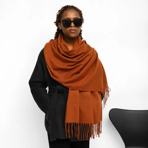 Women's Winter Warm Faux Cashmere Solid Color Long Scarf Fringe Shawl Fashion Casual Soft Thick Neck Scarf