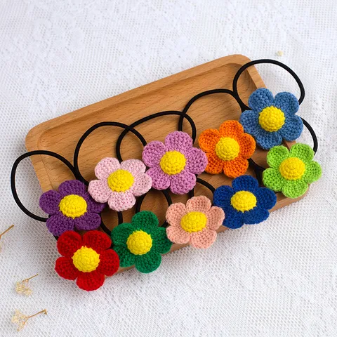 Handgemaakte Gehaakte Wolgaren Bloem Haarelastiek Schattige Vintage Bloemen Haarwissel Elastische Haaraccessoires Voor Kinderen Vrouwen