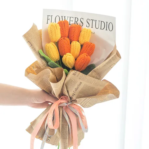 Handgemaakte Gebreide Wol Tulp Kunstbloem Enkele Stengel Gehaakte Nep Bloemenboeket Voor Huisdecoratie Cadeau