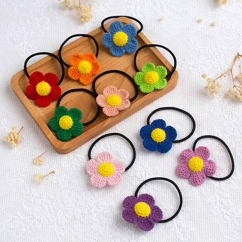Handgemaakte Gehaakte Wolgaren Bloem Haarelastiek Schattige Vintage Bloemen Haarwissel Elastische Haaraccessoires Voor Kinderen Vrouwen