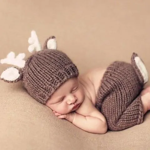 Zuigeling Kerst Hertje Gebreide Muts En Shorts Fotografie Prop Set Schattige Handgemaakte Pasgeboren Dier Outfit Baby Foto Props