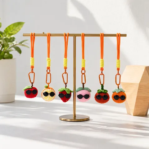 Handgemaakte Gehaakte Wollen Zonnebloem Fruit Sleutelhanger Schattige Cartoon Zonnebril Sleutelhanger Tas Hanger