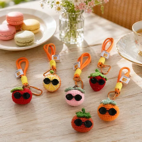 Handgemaakte Gehaakte Wollen Zonnebloem Fruit Sleutelhanger Schattige Cartoon Zonnebril Sleutelhanger Tas Hanger