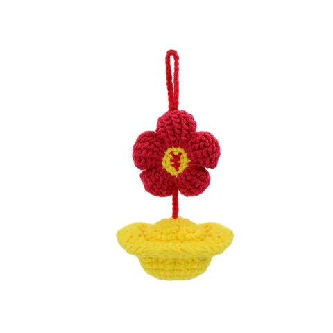 Handgemaakte Gebreide Rode Bloem En Staaf Hanger Wolgaren Gehaakt Auto Tas Hangend Ornament