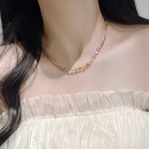 925 Sterling Silver Colorful Tourmaline Chip Necklace Irregular Natural Stone Beaded Choker Chain For Women Jewelry Gift