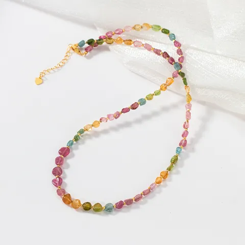 925 Sterling Silver Colorful Tourmaline Chip Necklace Irregular Natural Stone Beaded Choker Chain For Women Jewelry Gift