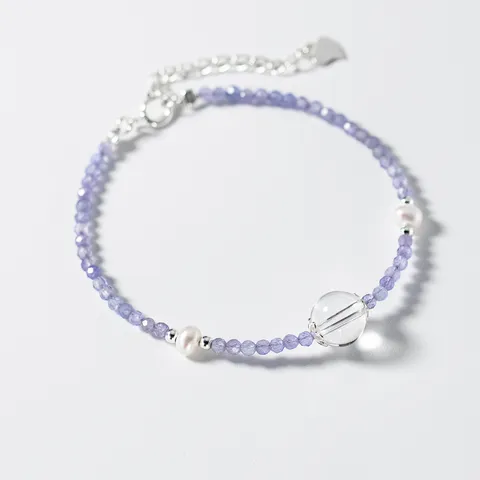 Bracciale in Argento Sterling 925 Tanzanite Cristallo Bianco Perla Artificiale Donna Squisito Minimalista Regolabile