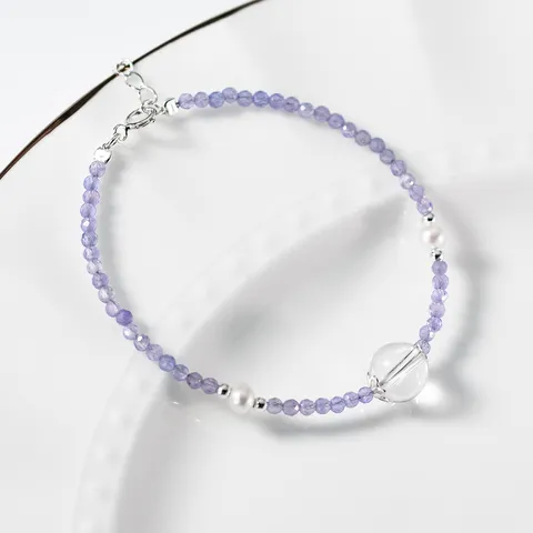 Bracciale in Argento Sterling 925 Tanzanite Cristallo Bianco Perla Artificiale Donna Squisito Minimalista Regolabile