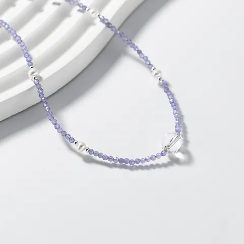 Collana in Argento Sterling 925 con Tanzanite Viola Cristallo Bianco Perla Artificiale per Donna Gioielli Semplici a Catenina