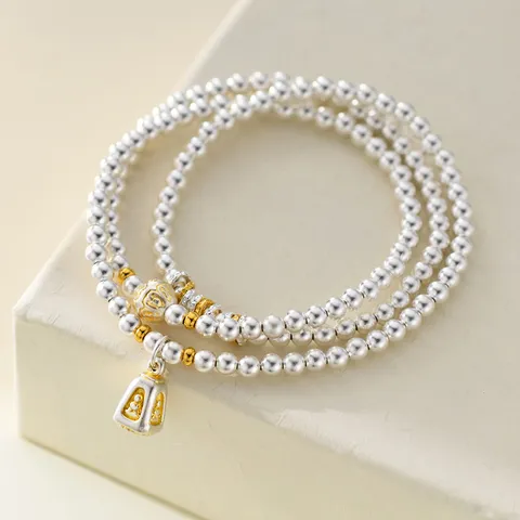 Vintage Fine Silver Four-Faced Buddha Pendant Bracelet Ancient Gold Gilded Multi-layer Bead Bracelet For Women Ethnic Jewelry