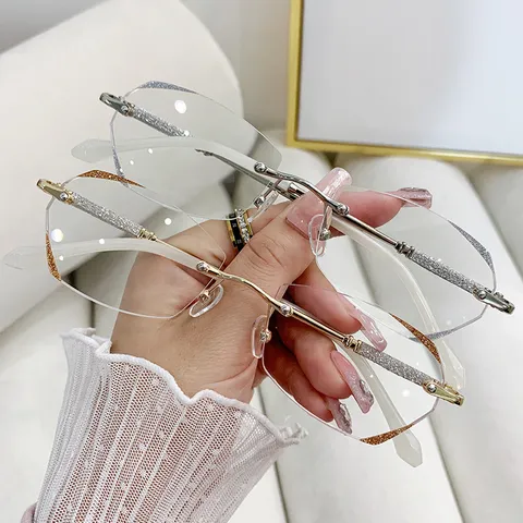 Randlose Anti-Blaulicht Lesebrille Für Damen Metall Harz Strass Glitzer Ovaler Diamantschliff Elegante Brille