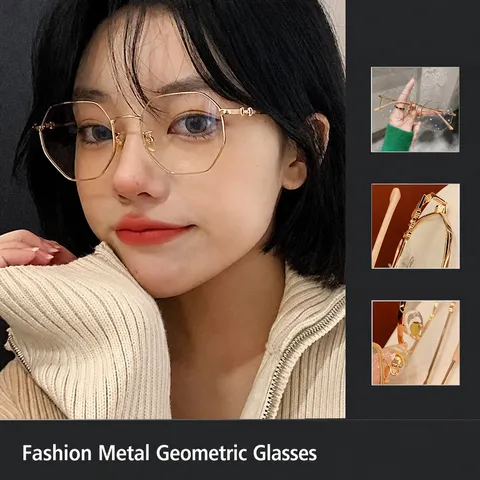 Gafas Anti Luz Azul de Polígono para Mujer Montura Grande de Metal TR Gafas Ópticas Retro Moda Montura de Miopía Lente Clara