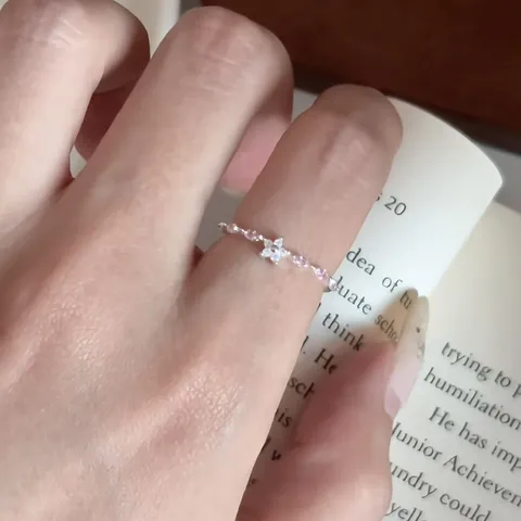 S925 Sterling Silver Cherry Blossom Pink Rhinestone Ring For Women Forest Style Sweet Flower Thin Finger Ring Jewelry Gift