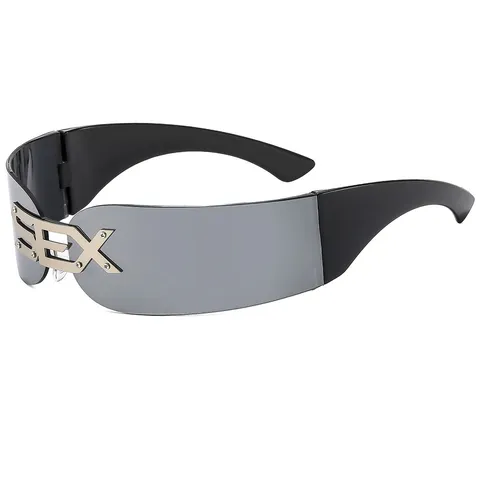 Cyberpunk Randlose Integrierte Sonnenbrille Futuristische SEX Metall Buchstaben Punk Hip Hop Nachtclub Oversized Sonnenbrille Damen Herren