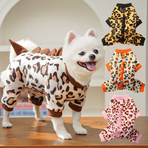 Pet Winter Warm Four-Legged Clothes Cute Dinosaur Spine Leopard Print Fleece Jumpsuit For Small Dogs Cats Apparel