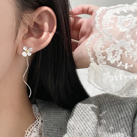 Boucles d'Oreilles Fils en Argent Sterling S925 Motif Fleur de Gardénia Longues Pendantes Chaîne à Gland Bijoux Élégants Femme