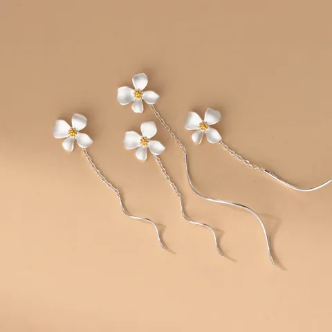 Boucles d'Oreilles Fils en Argent Sterling S925 Motif Fleur de Gardénia Longues Pendantes Chaîne à Gland Bijoux Élégants Femme