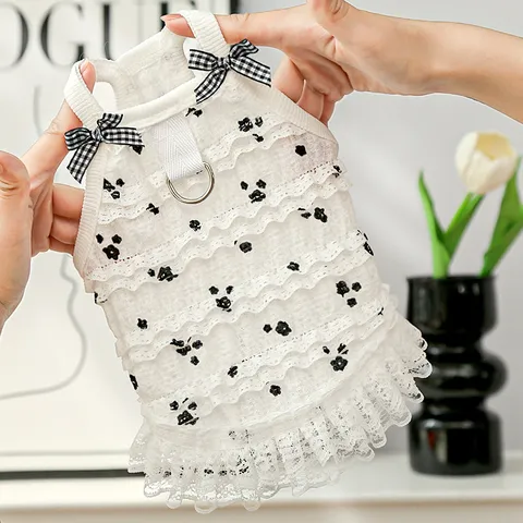 Summer Breathable Pet Princess Dress Layered Lace Ruffle Dog Vest Skirt With Bow And D-Ring For Small Dogs Cats