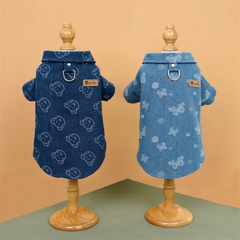 Camicia di Denim per Cani e Gatti con Stampa Cartoon Orso Farfalla Vestiti Casual per Cani Piccoli Cuccioli Teddy Bichon Morbido Poliestere Top