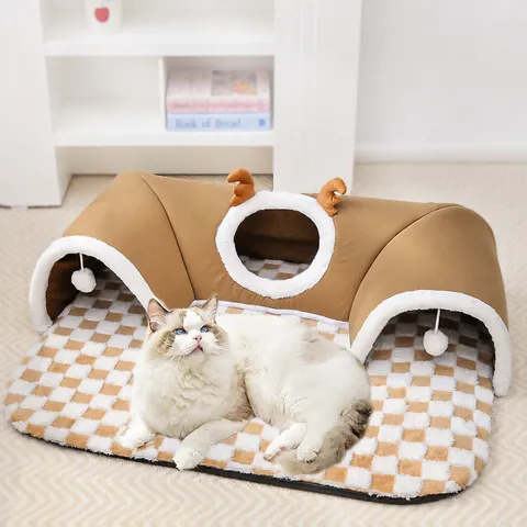Pet Cat Tunnel Bed Multi-Functional Foldable Sleeping Mat With Reindeer Antlers Sisal Tunnel Nest For Cats Dogs For Indoor Use