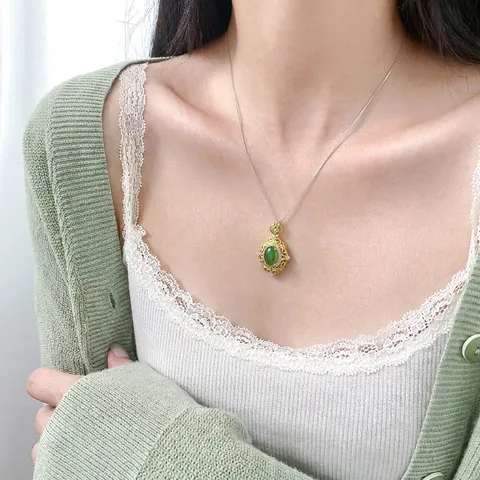 S925 Sterling Silver Green Jade Oval Filigree Pendant Only Delicate Vintage Niche Design Jewelry For Women Without Chain