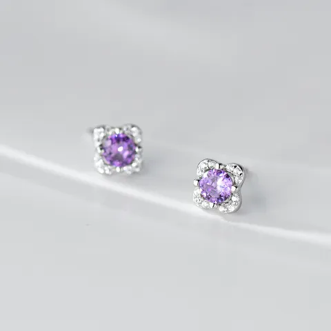 S925 Sterling Silber Lila Blume Ohrstecker Vintage Klee Eingelegt Zirkonia Ohrringe Für Damen Leichter Luxus Schmuck