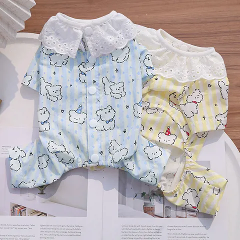 Small Dog Clothes Four Legged Striped Pet Apparel Cute Puppy Pajamas with Lace Lapel
