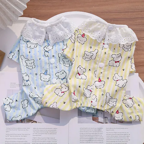 Small Dog Clothes Four Legged Striped Pet Apparel Cute Puppy Pajamas with Lace Lapel