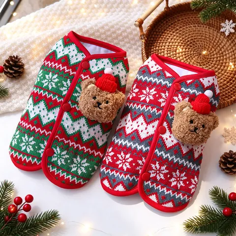 Pet Dog Christmas Knitted Vest Warm Winter Puppy Sweater With Cute 3D Bear Snowflake Pattern Pet Apparel Clothing
