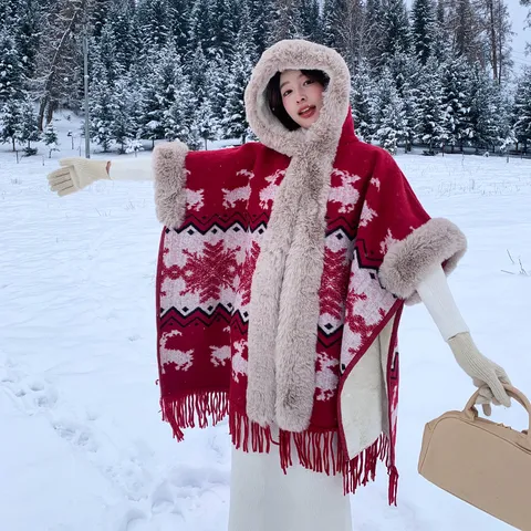 Women's Winter Thickened Plush Plaid Snowflake Hooded Cape Retro Faux Fur Collar Tassel Poncho Warm Outerwear Coat