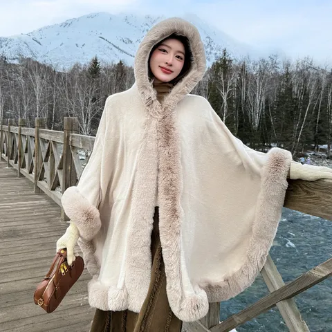Women's Autumn Winter Long Cloak Cape Elegant Warm Faux Fur Hooded Shawl Jacquard Open Front Oversized Poncho Outerwear