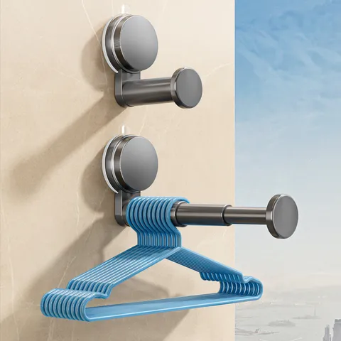 Wall Mounted Suction Cup Clothes Hanger Storage Rack Telescopic Punch Free Drying Rack Organizer For Balcony Home