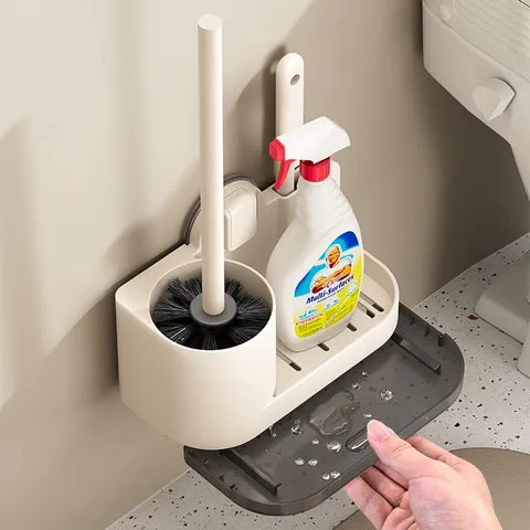 Cream Style Wall Mounted Toilet Brush Holder Set Punch Free Suction Cup Bathroom Cleaning Brush With Drainage Tray