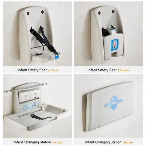 Wall Mounted Foldable Baby Changing Station HDPE Nursery Diaper Table With Safety Belt For Public Restroom Commercial Use