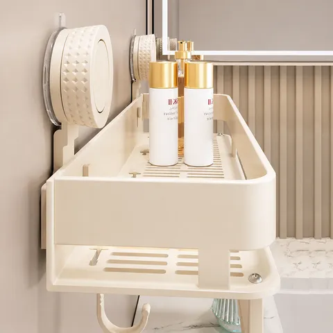 Bathroom Wall Mounted Suction Cup Storage Rack Punch Free Single Layer Metal Organizer Shelf With Towel Bar And Hooks