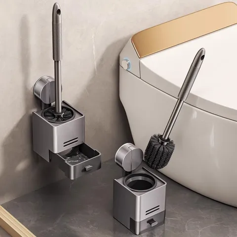 Wall Mounted Toilet Brush Holder Set Plastic Draining Toilet Cleaner With Silicone Handle For Bathroom Restroom