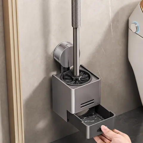 Wall Mounted Toilet Brush Holder Set Plastic Draining Toilet Cleaner With Silicone Handle For Bathroom Restroom
