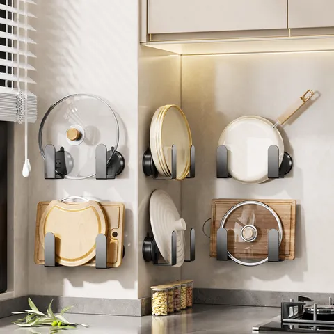 Wall Mounted Pot Lid Holder Punch Free Cutting Board Organizer Carbon Steel Kitchen Storage Rack Suction Cup Stand