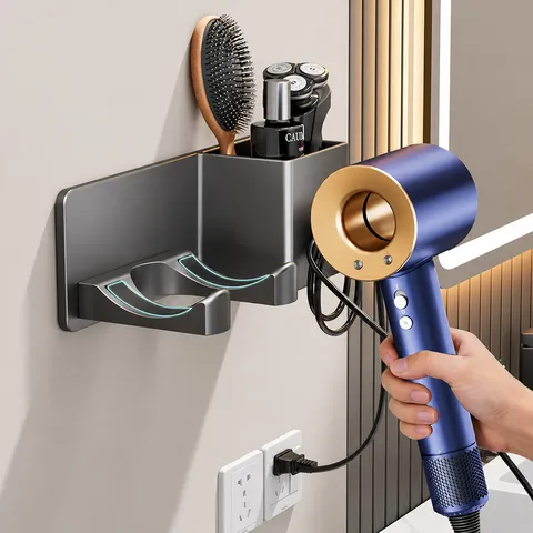Support Sèche-Cheveux Mural Sans Perçage En Aluminium Étagère De Rangement De Salle De Bains Avec Organisateur De Câble