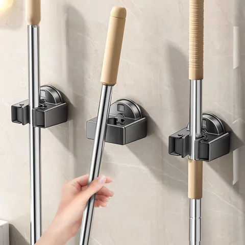 Strong Suction Cup Mop Holder Wall Mounted Bathroom Storage Rack Punch Free Broom Organizer Kitchen Hanging Stand