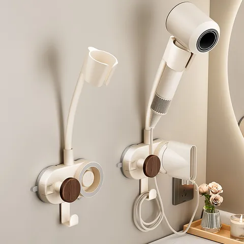 Wall Mounted Hair Dryer Holder ABS Plastic Storage Rack With Walnut Grain And Nozzle Bracket Modern Bathroom Organizer For Home