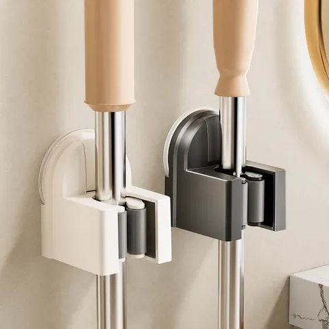 Punch-Free Wall-Mounted Mop Holder Suction Cup Broom Brush Clip Hook Bathroom Storage Rack Household Organizing Tool
