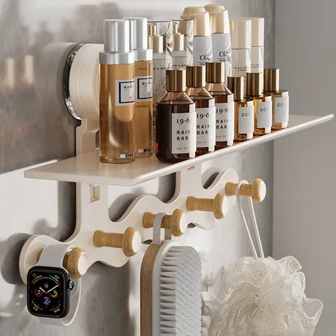 Carbon Steel Wall Mounted Suction Cup Storage Rack Bathroom Punch Free Multipurpose Organizer With Wood Hooks